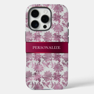 Burgundy Red Silver Floral iPhone 16 Pro Case