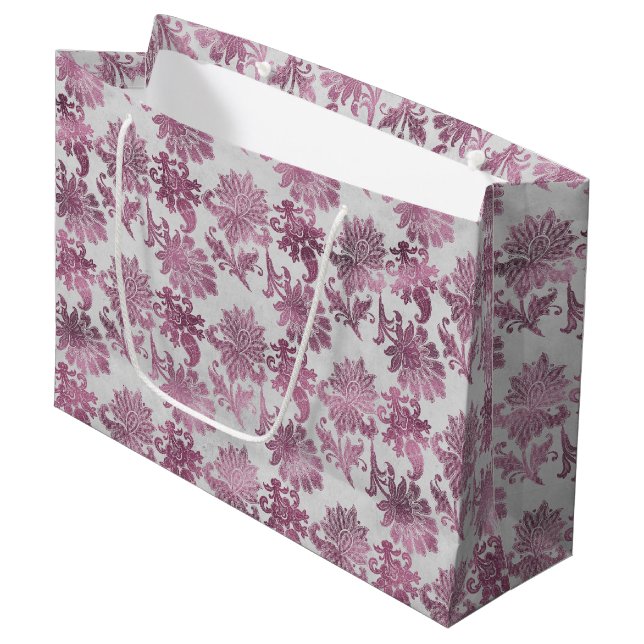 Burgundy Red Silver Floral Large Gift Bag (Front Angled)