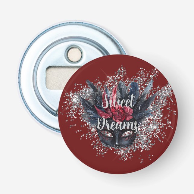 Burgundy Red Silver Glitter Feathered Mask Bottle Opener (Front)