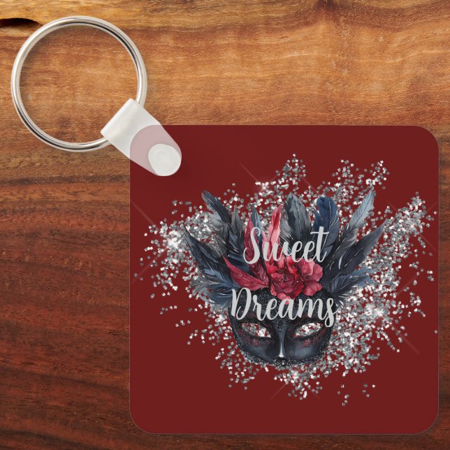 Burgundy Red Silver Glitter Feathered Mask Keychain (Front)