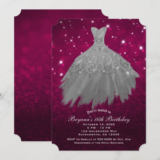 Burgundy Red & Silver Sparkle Dress Sweet 16 Party Invitation (Front/Back)
