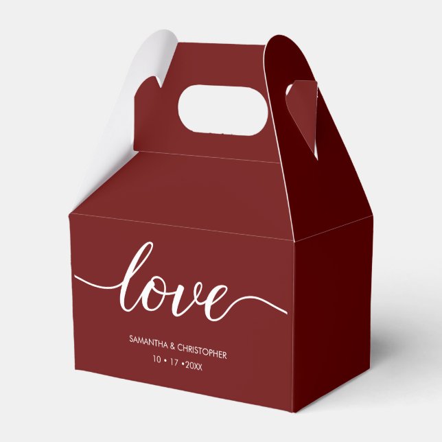 Burgundy red Simple & Elegant Love Wedding ScrIpt  Favor Boxes (Front Side)