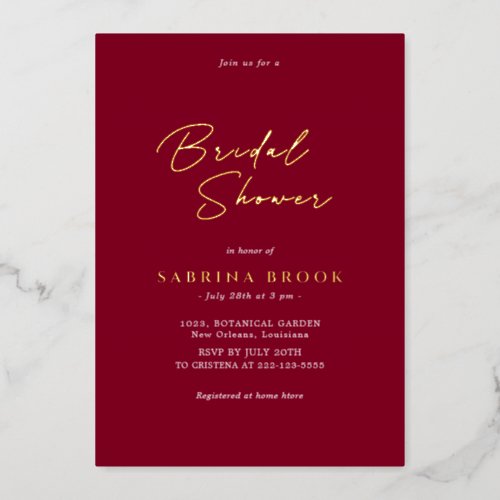 Burgundy Red   Simple Minimalist Bridal Shower  Foil Invitation