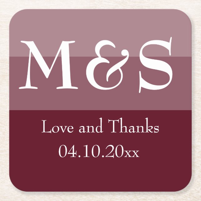 Burgundy Red Simple Modern Wedding Square Paper Coaster (Front)