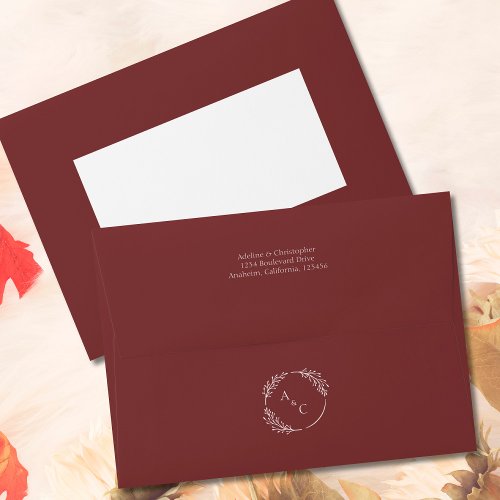 Burgundy Red Simple Monogram Leaves Wedding Envelope