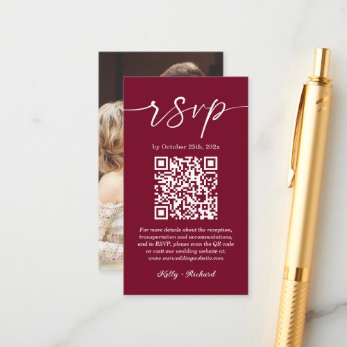 Burgundy Red Small Wedding RSVP Online QR Code Enclosure Card