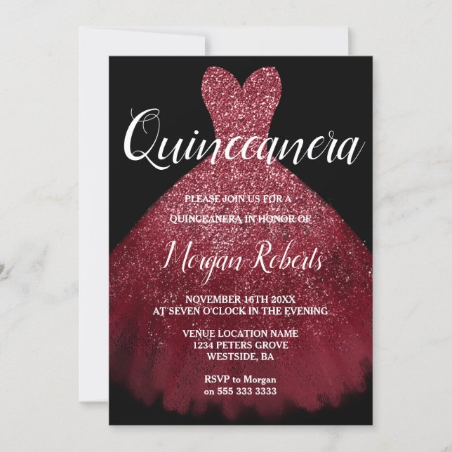 Burgundy Red Sparkle Dress Quinceanera 15th Party Invitation (Front)
