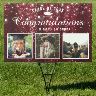 Burgundy Red Sparkle Graduation Photo Yard Sign