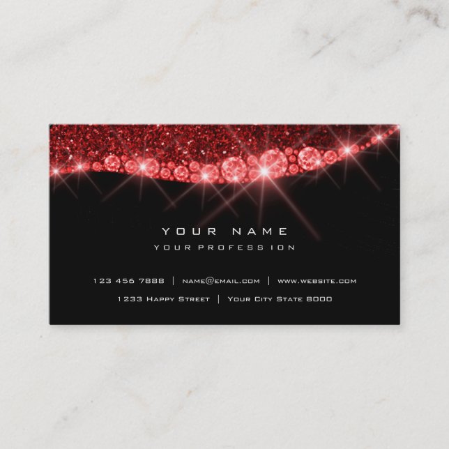 Burgundy Red Sparkly Diamond Glitter Glam  Black Business Card (Front)