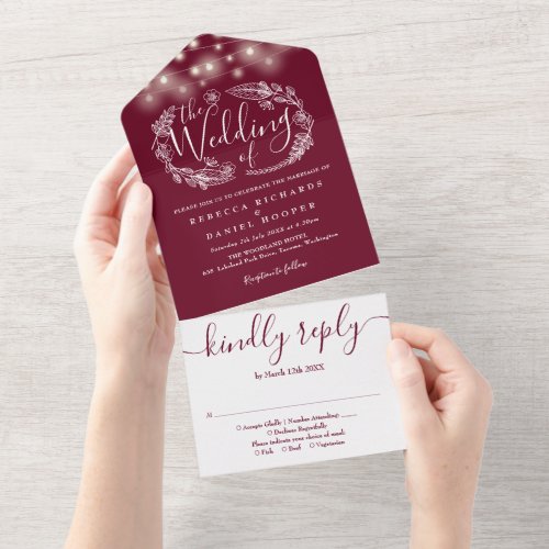 Burgundy Red String Lights Floral Wedding All In One Invitation