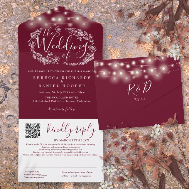 Burgundy Red String Lights QR Code Wedding All In One Invitation (Burgundy Red String Lights QR Code Wedding All In One Invitation
)