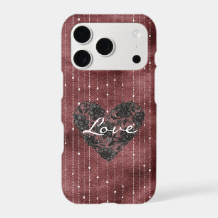 Burgundy Red Stripes Black Faux Lace Floral Heart iPhone 17 Pro Case