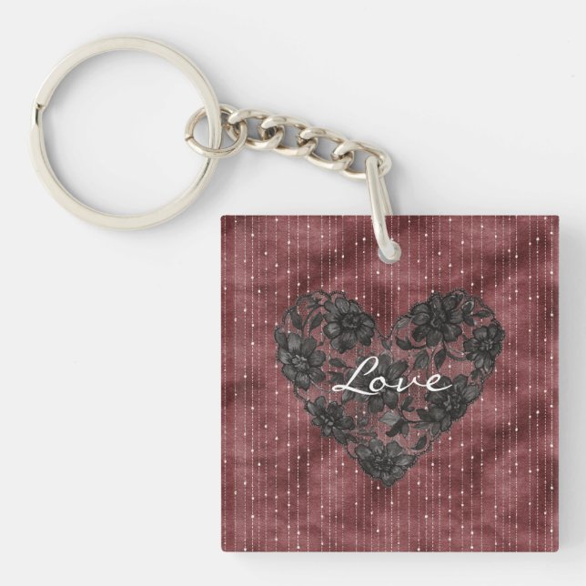 Burgundy Red Stripes Black Faux Lace Floral Heart Keychain (Front)