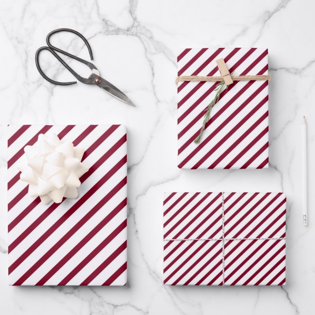 Burgundy Red Stripes Pattern Wrapping Paper Sheets (Front)