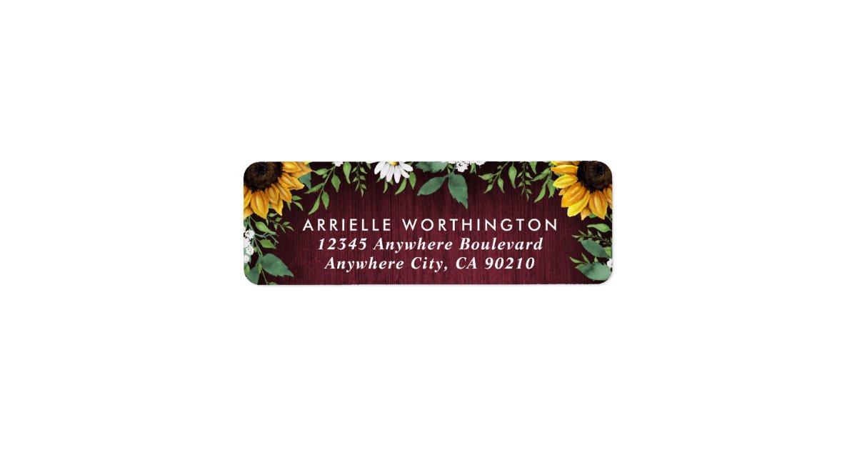 Burgundy Red Sunflower Greenery Wedding Address Label | Zazzle
