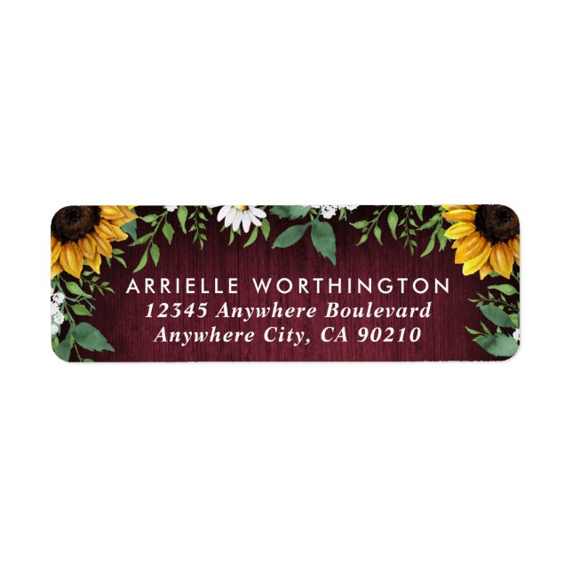 Burgundy Red Sunflower Greenery Wedding Address Label (Front)