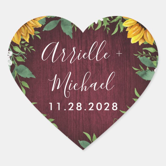 Burgundy Red Sunflower Greenery Wedding Favors Heart Sticker (Front)