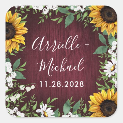 Burgundy Red Sunflower Greenery Wedding Favors Square Sticker