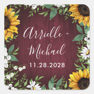 Burgundy Red Sunflower Greenery Wedding Favors Square Sticker