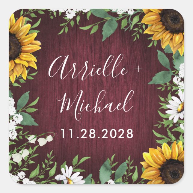 Burgundy Red Sunflower Greenery Wedding Favors Square Sticker (Front)