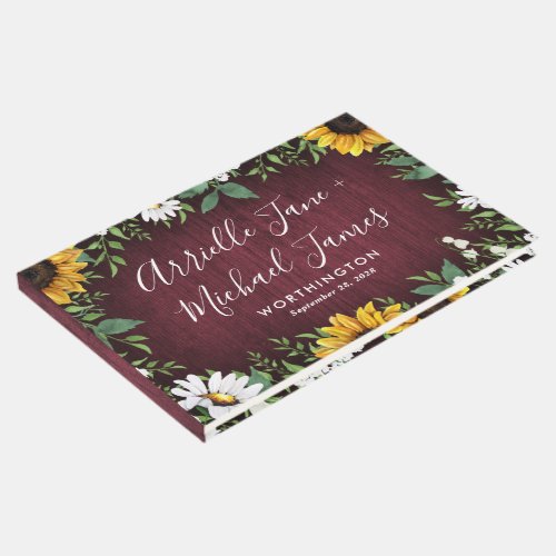 Burgundy Red Sunflower Greenery Wreath Wedding Guest Book