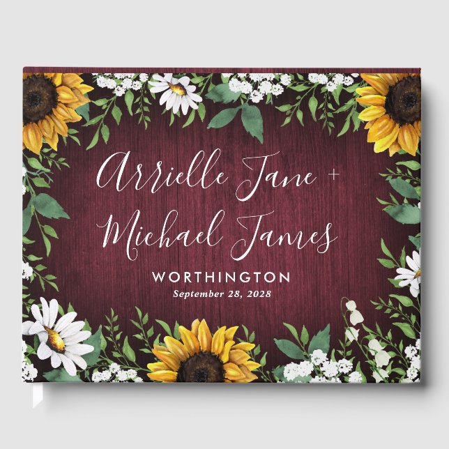 Burgundy Red Sunflower Greenery Wreath Wedding Guest Book (Front)