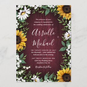 Burgundy Red Sunflower Greenery Wreath Wedding Invitation