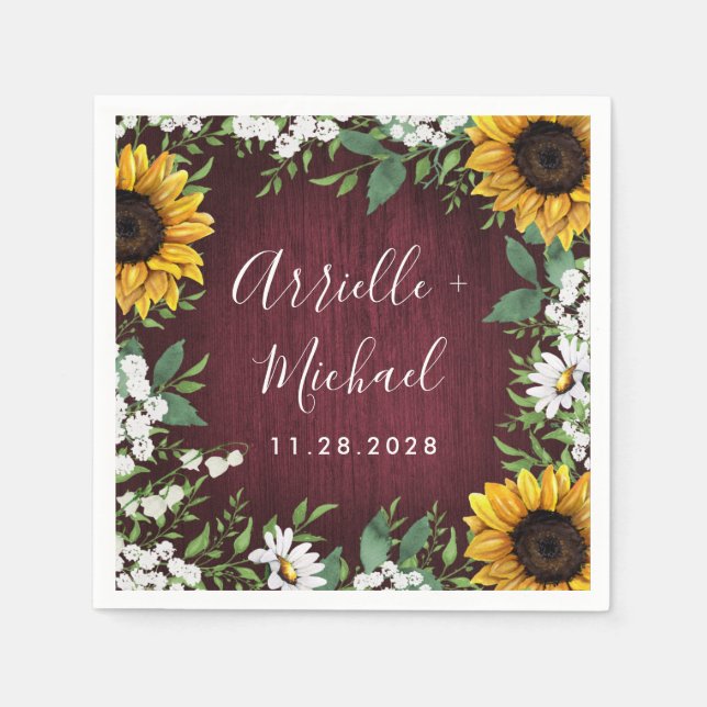 Burgundy Red Sunflower Greenery Wreath Wedding Napkins (Front)