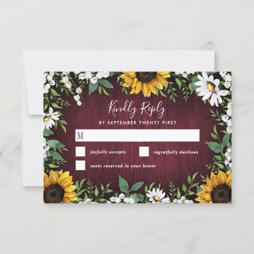Burgundy Red Sunflower Greenery Wreath Wedding RSVP Card