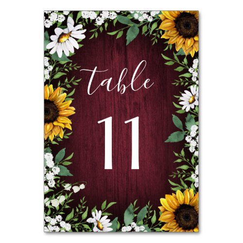 Burgundy Red Sunflower Greenery Wreath Wedding Table Number