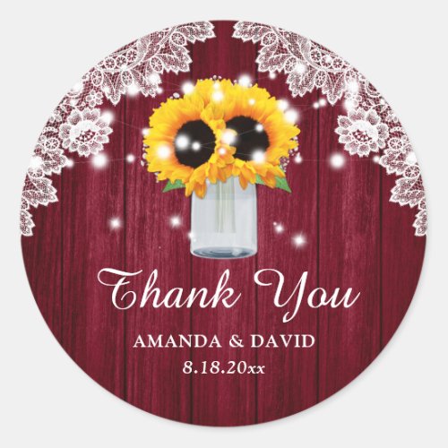 Burgundy Red Sunflower Mason Jar Wedding Thank You Classic Round Sticker