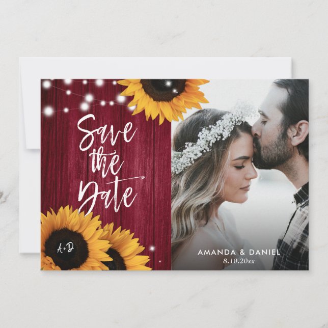 Burgundy Red Sunflower Save The Date Photo Cards (Front)