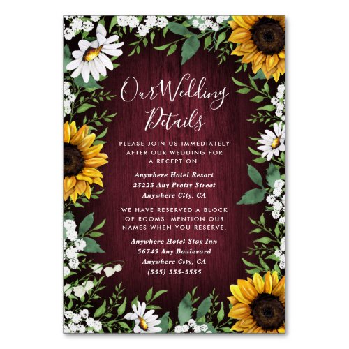 Burgundy Red Sunflower Wedding Enclosure Cards