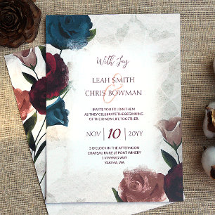 Burgundy, Red, Teal, Beige Roses Wedding Invitation