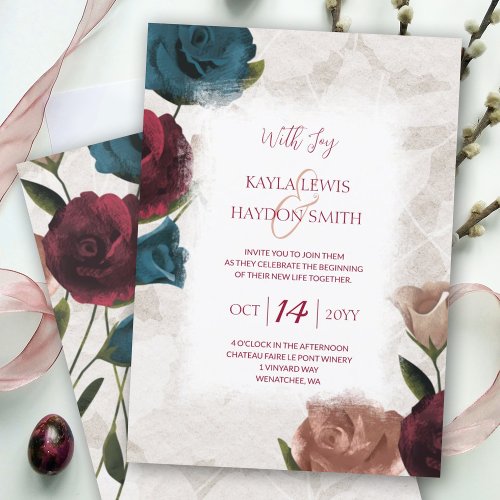 Burgundy Red Teal Beige Roses Wedding  Invitation