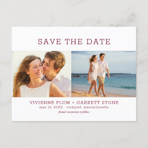 Burgundy Red Text 3 Photo Wedding Save the Date Announcement Postcard