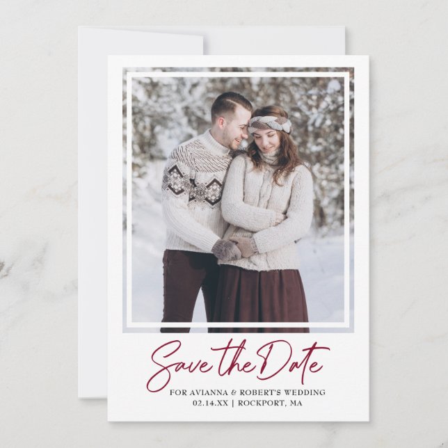 Burgundy Red Text and Photo Save The Date (Front)