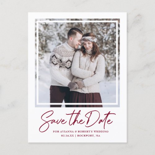 Burgundy Red Text and Photo Save the Date Announcement Postcard
