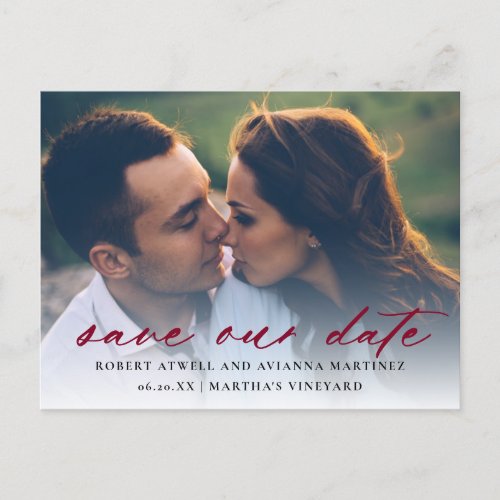  Burgundy Red Text Photo Wedding Save the Date Announcement Postcard