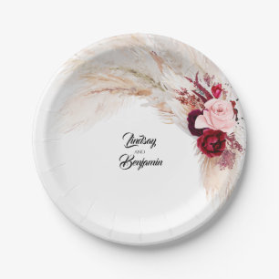 Burgundy Red Tropical Pampas Grass Wedding Paper Plates