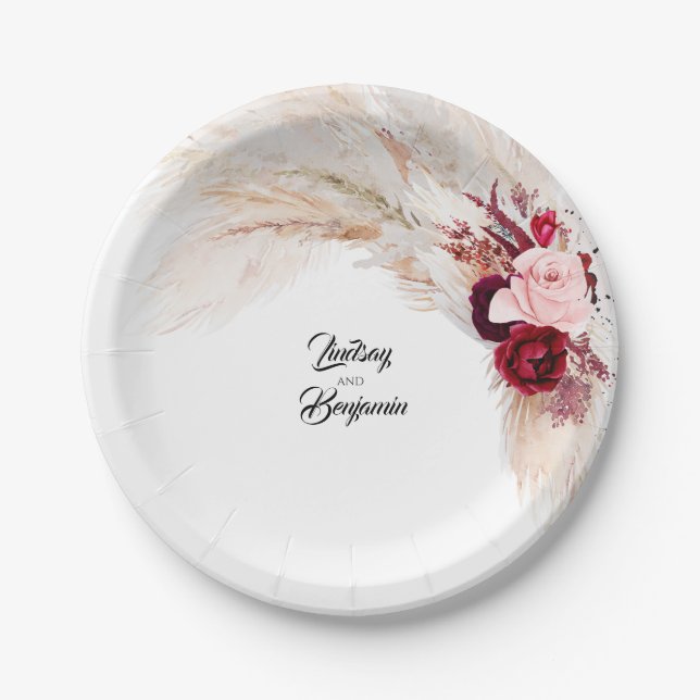 Burgundy Red Tropical Pampas Grass Wedding Paper Plates (Front)