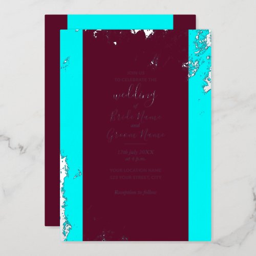 Burgundy Red Turquoise Blue Silver Grain Elegant Foil Invitation