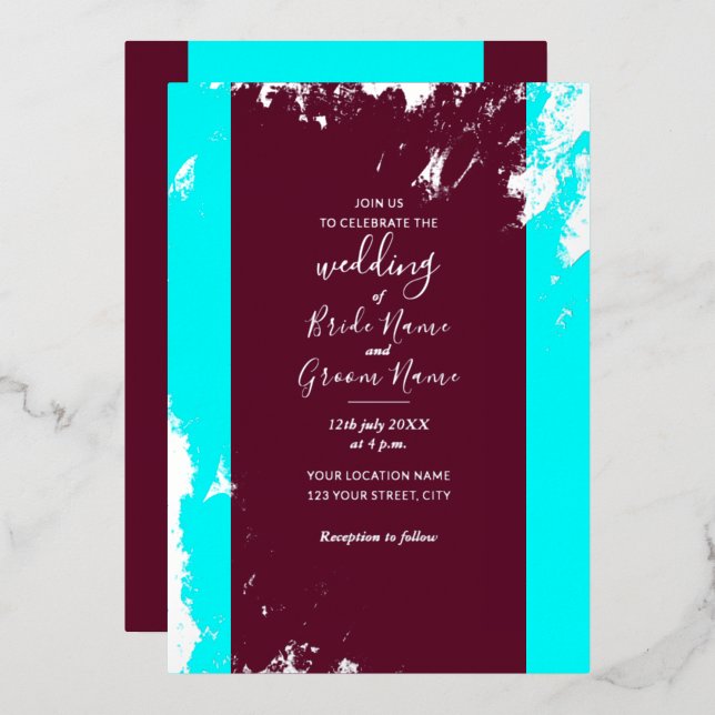 Burgundy Red Turquoise Blue Silver Grain Elegant Foil Invitation (Front/Back)