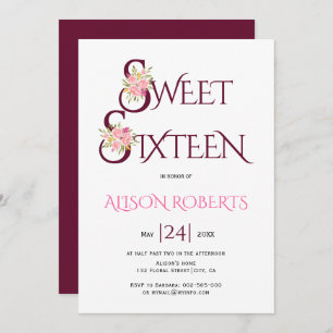 Burgundy red typography, pink roses sweet sixteen invitation