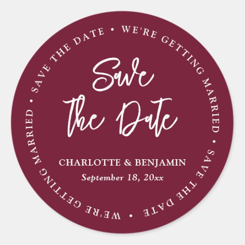 Burgundy Red Typography Wedding Save The Date Classic Round Sticker