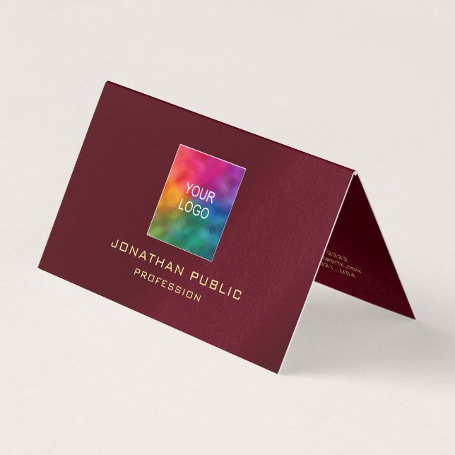 Burgundy Red Upload Your Logo Folded Glossy Paper Business Card (Front)