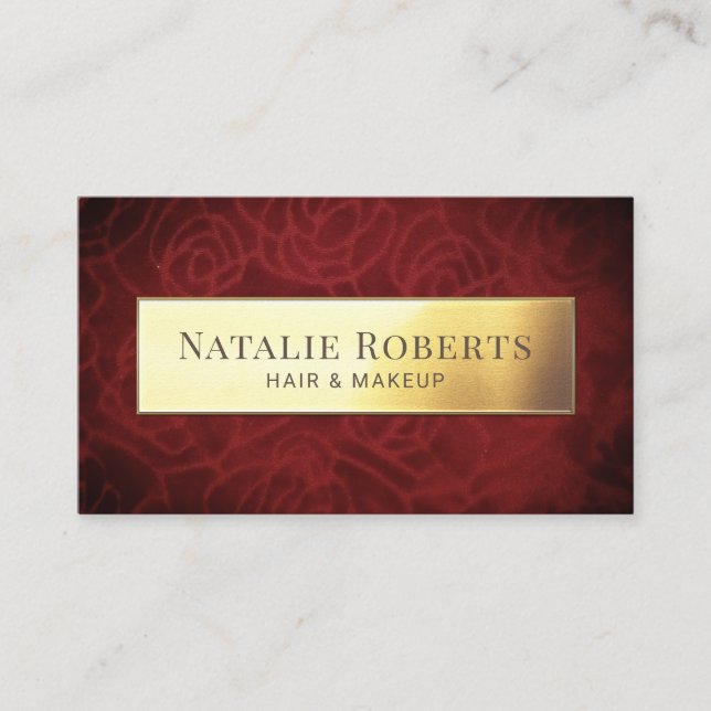 Burgundy Red Velvet Gold Label Makeup Hair Salon Business Card (Front)