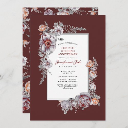 Burgundy Red Vintage Floral Wedding Anniversary Invitation