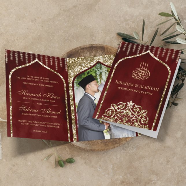 Burgundy Red Vintage Gold Islamic Arch Wedding Invitation
