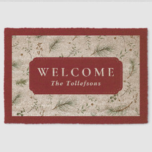 Burgundy Red Vintage Winter Botanical Welcome Fiber Doormat